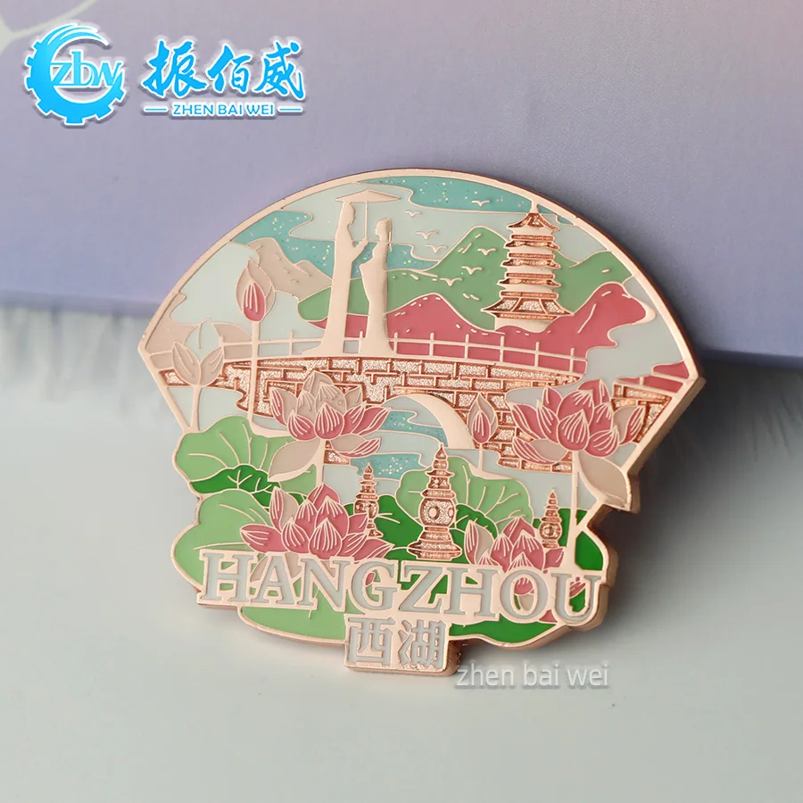 Electroplated Rose Gold Hangzhou West Lake Landmark Flash Soft Enamel Strong Magnetic Absorbing Refrigerator Stickers Customized