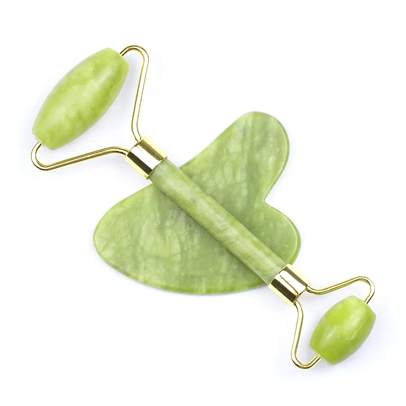 
High Quality Green quartz jade stone roller facial guasha massage tool Green jade roller gua sha with box 