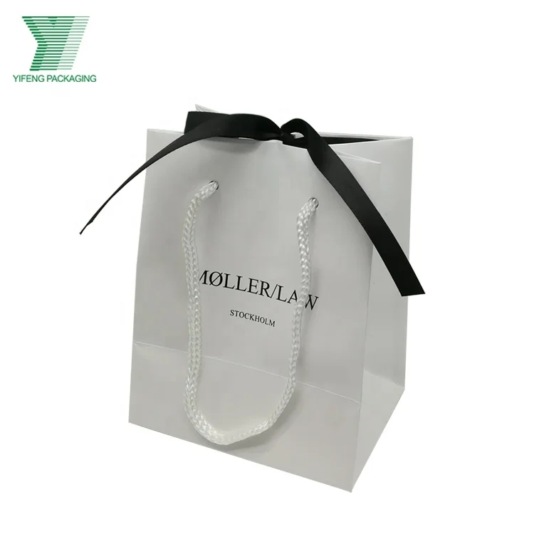 Custom white paper gift bags logo printed jewelry set packaging shopping paper bag with rope handles coated paper carrier bag