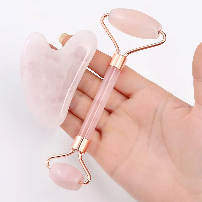 Customized jade roller gua sha natural rose quartz facial massage jade roller set face jade roller gua sha for natural massager