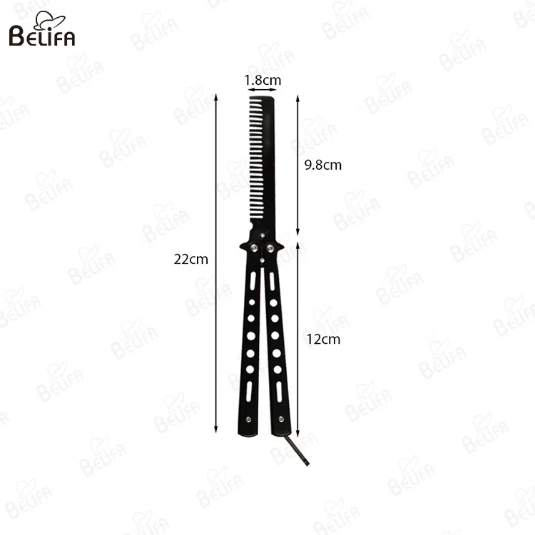 Custom Private Brand Hair Styling Tools Stainless Steel Training Practice Pocket Beard Comb Folding Butterfly Knife Comb