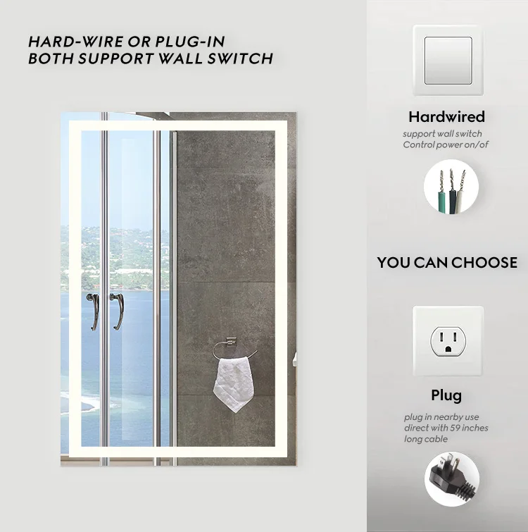 Finger-print proof Copper-free Wall Dimming Defogger Bath Mirrors Large Smart Bathroom Vanity Led Mirrors With Lights