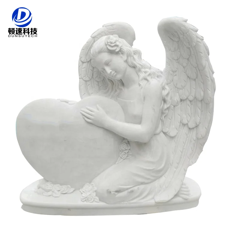 Pure White marble Heart shaped Angel Tombstone Carving ,white marble monument