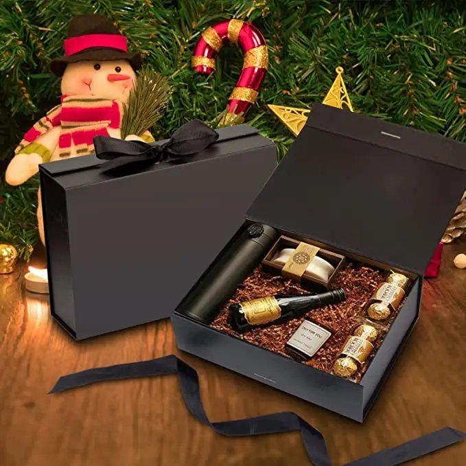 custom logo luxury foldable package printed large gift black folding mailer magnetic paper shipping packaging box with ribbon