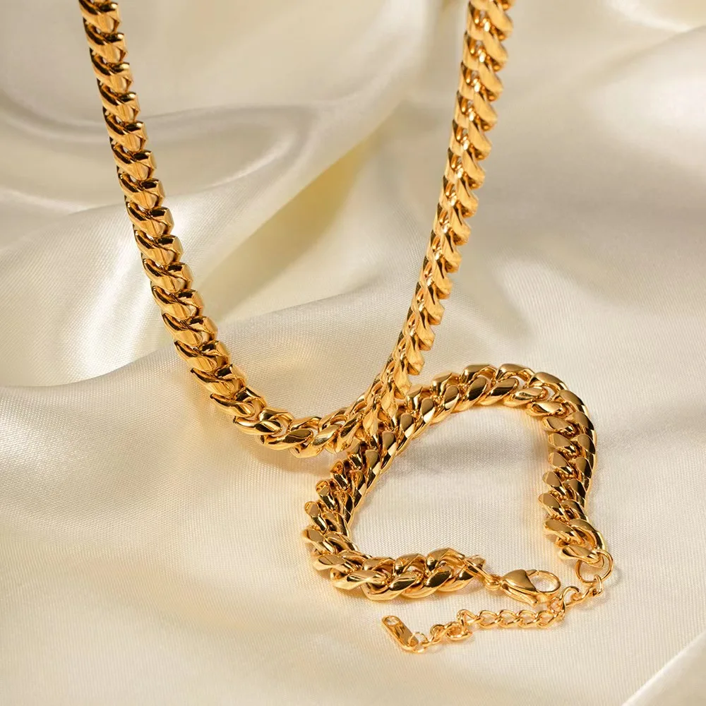 wholesale choker link chain jewelry set bracelet necklace women fashion stainless steel cuban link chain set