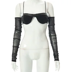 High Quality Summer Sexy Club Wear Mesh Short Sleeve Black Tank Tops PU Trousers Leather Pants Women Two Piece Set