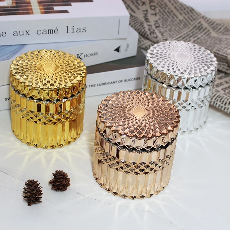 LANGXU 13 oz 14 oz 15 oz mirror reflective ribbed glass candle holder with lid luxury rose gold silver prism candle container