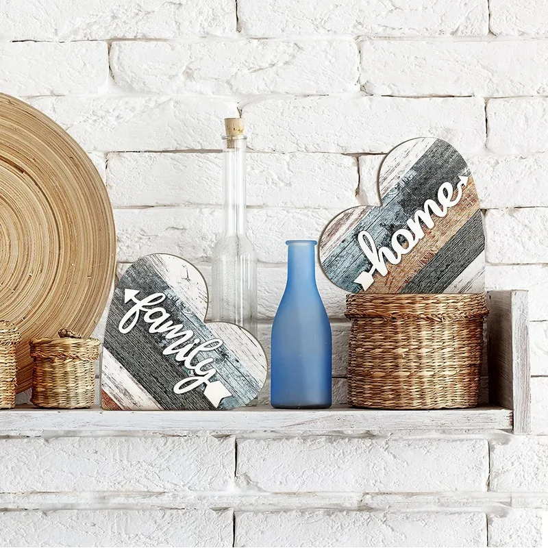 2 Pcs Rustic Wood Love Home Sign Heart Shaped Wooden Table Centerpiece Farmhouse Buffalo Plaid Family Sign