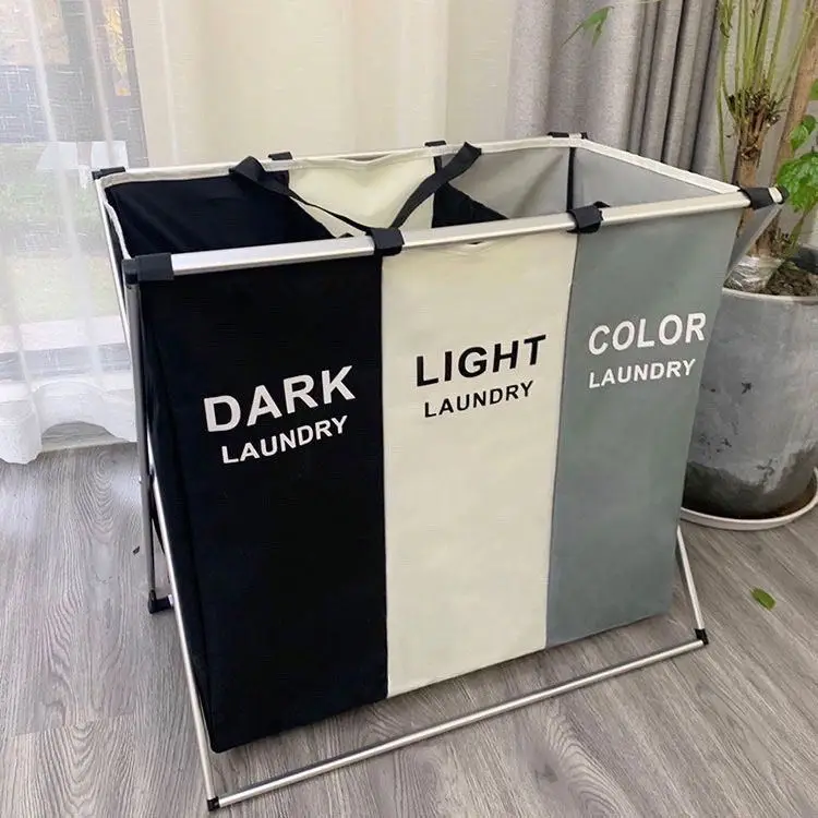 Wholesale 3 Section Collapsible Foldable Laundry Basket Large Box Storage Organizer Hamper Sorter Dirty Clothes Bag for Big Toys