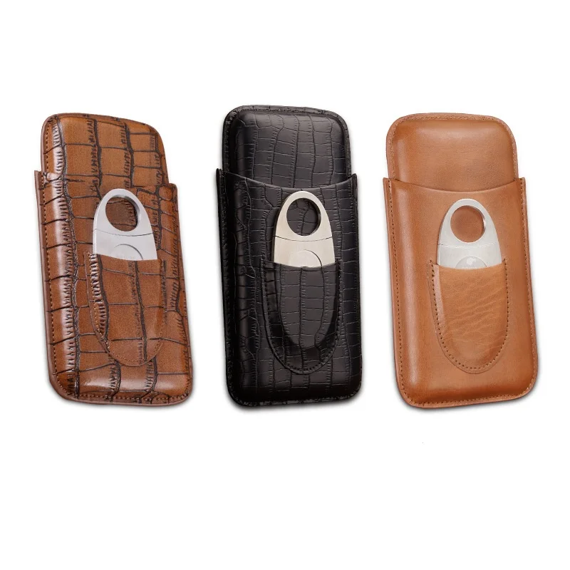 Stretch Freely Tobacco Cover Portable Travel Leather Cigar Humidor Box Holder Cigar Cases With Cigar Cutter