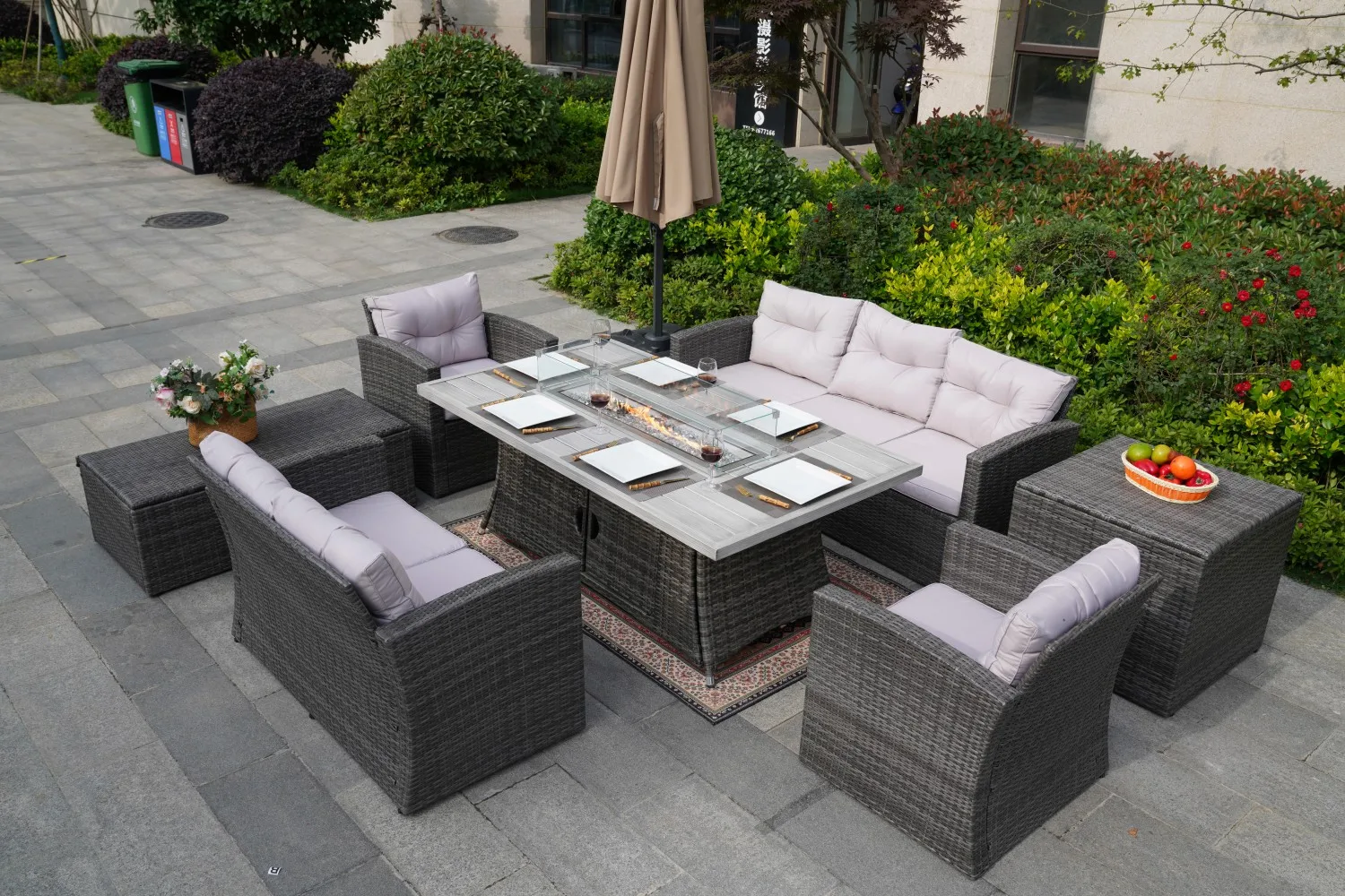 High Quality Outdoor Wicker Sofa Set Garden Sofa Rattan Furniture with Rectangle Fire Pit Table