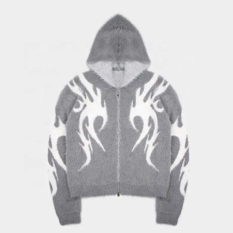 Custom Design Mohair Zip Hoodie Men Winter Knit Fuzzy Fluffy Mohair Oversized Knitwear Sweater Jacquard Mohair Hoodie Jacket
