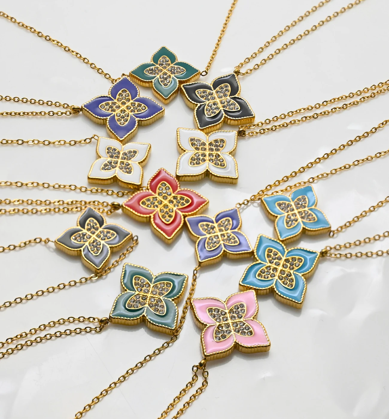 Full Rhombus Zircon Pointed Clover White Mother Pearl Stainless steel Collarbone Necklace Ring Earrings Set Decoration Women Men