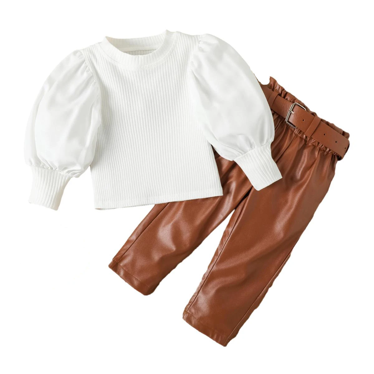 High street lantern sleeve top wear and PU leather pants two piece junior girls clothing sets