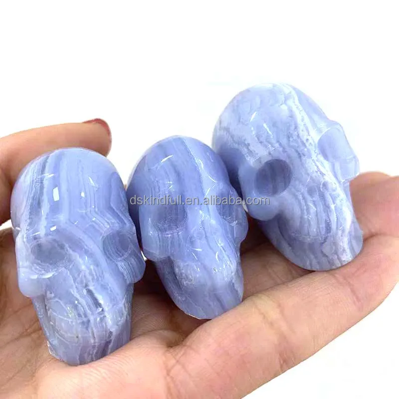 Small size natural Blue Lace Agate Carved Skulls healing Quartz Crystal Healing Stone