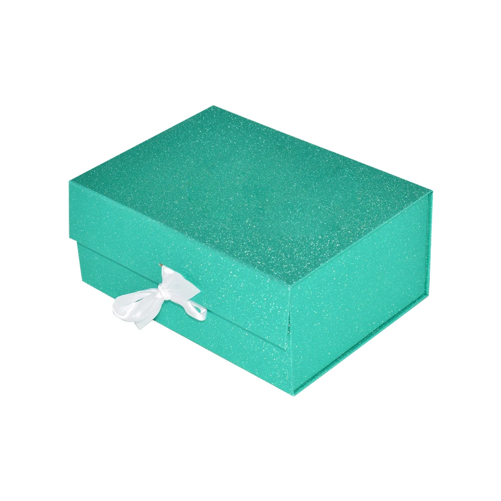Customized Holographic Logo A5 Deep Blue Glitter Paper Cardboard Box Collapsible Folding Magnets Gift Box with Ribbon Closure