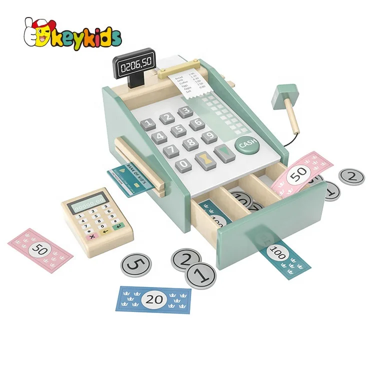 Новый дизайн детская игра деревянная игрушка кассовый аппарат со сканером и чеком W10A129