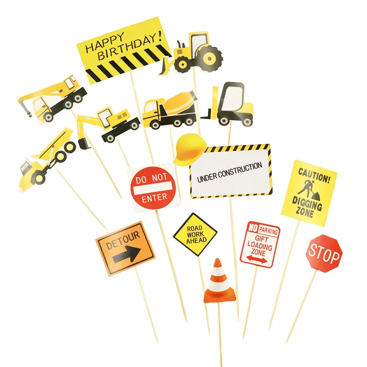 Wholesale Engineering truck cake card set, excavator bulldozer cake decoration card, traffic indicator road sign roadblock