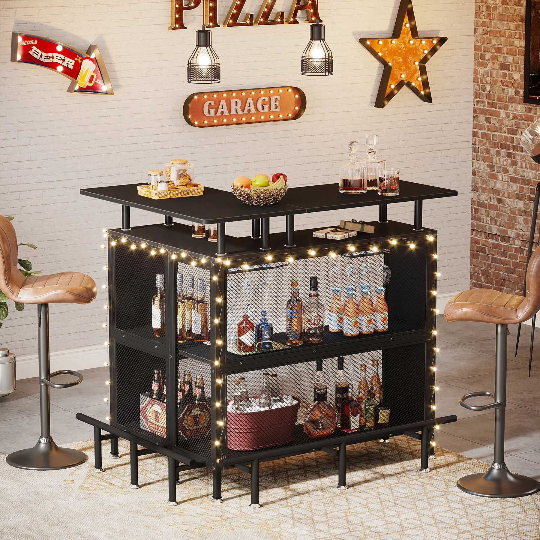Mini Home Portable Black Liquor Cabinet Coffee Bar Unit Table with Storage and Footrest for Home Kitchen Bar Pub