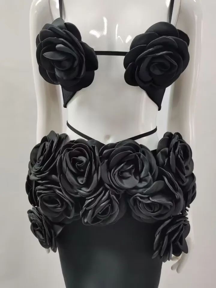 c3706 Wholesale Price Sexy Ladies Knitted Two Pieces Suits Black Crop Top Women Two Pieces Skirt Suits