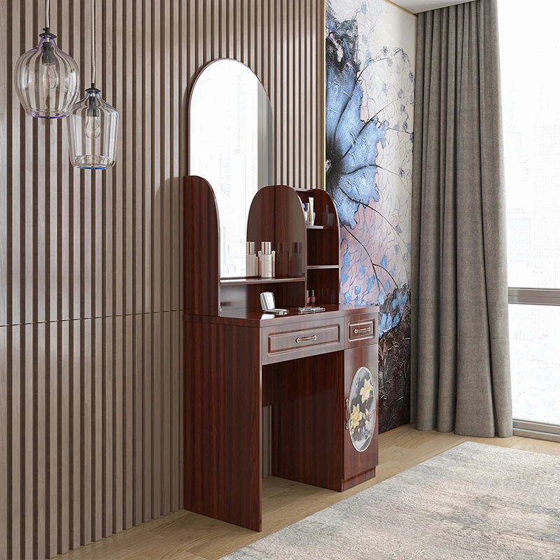 hot sale glass top vanity table simple design drawer storage dressing table brown makeup table set with mirror