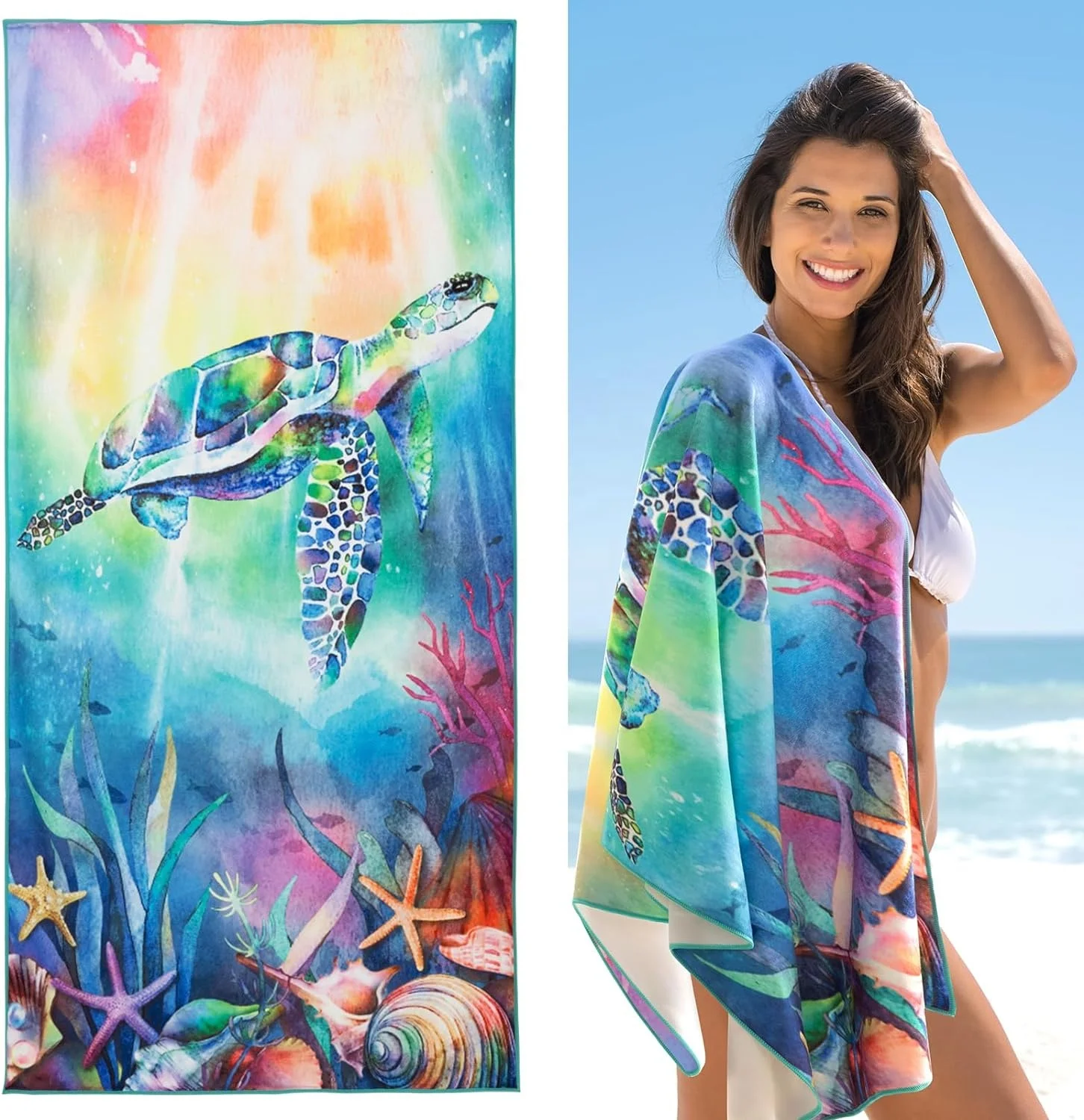 Turtle Tropical Blue Colors with Unique Design Extra Large Towels With Logo Custom Print Microfiber for Kids Adult Beach Towel