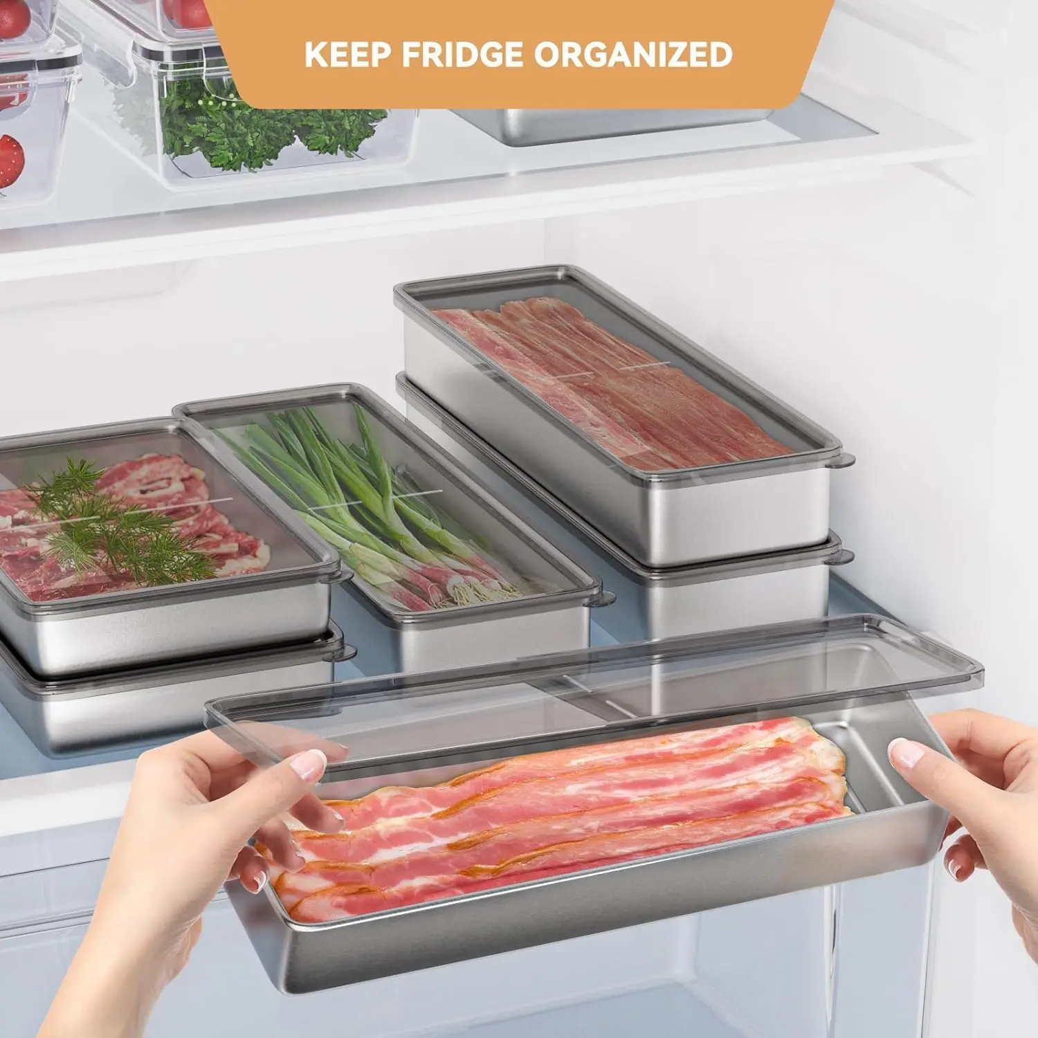 Dishwasher safe Food Safe Stainless steel 304 Meat Bacon Cheese Container for Refrigerator with Lids