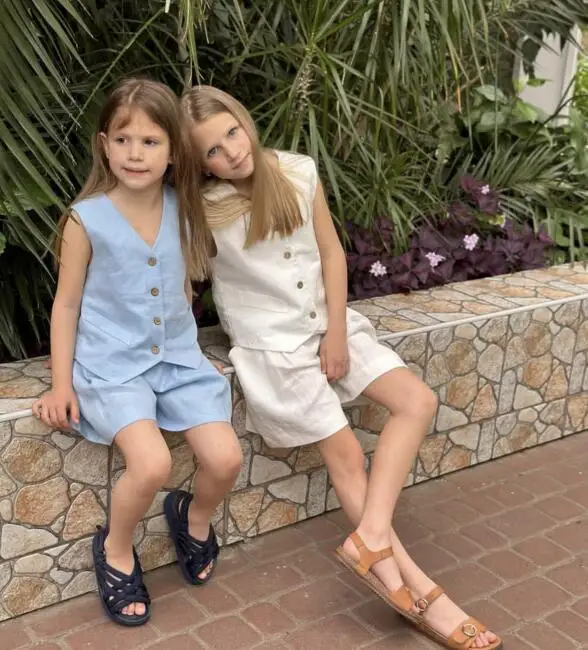 Custom Russia Australia Linen Kids Suits Summer Sleeveless Vest Shorts 2 Pieces Kids Girls Outfits