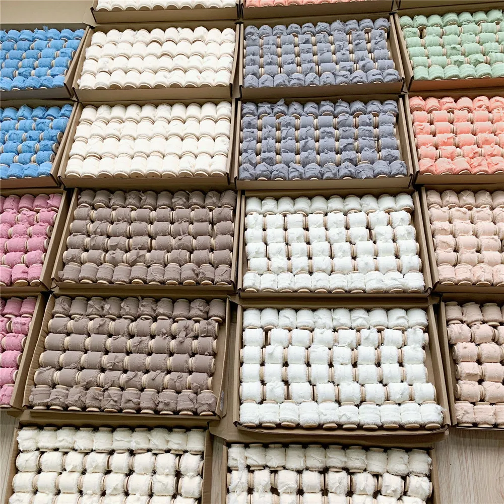 Factory Directly Sell 35mm soft chiffon frayed edges ribbon ins style wedding silk ribbon on woodenspools wedding ribbon