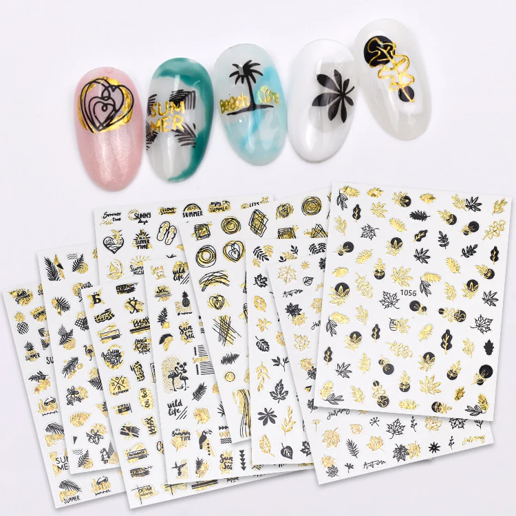 nail sticker organizer leaf decal cartoon nail art sticker 3D black gold foil customized nail art stickers kawaii packing