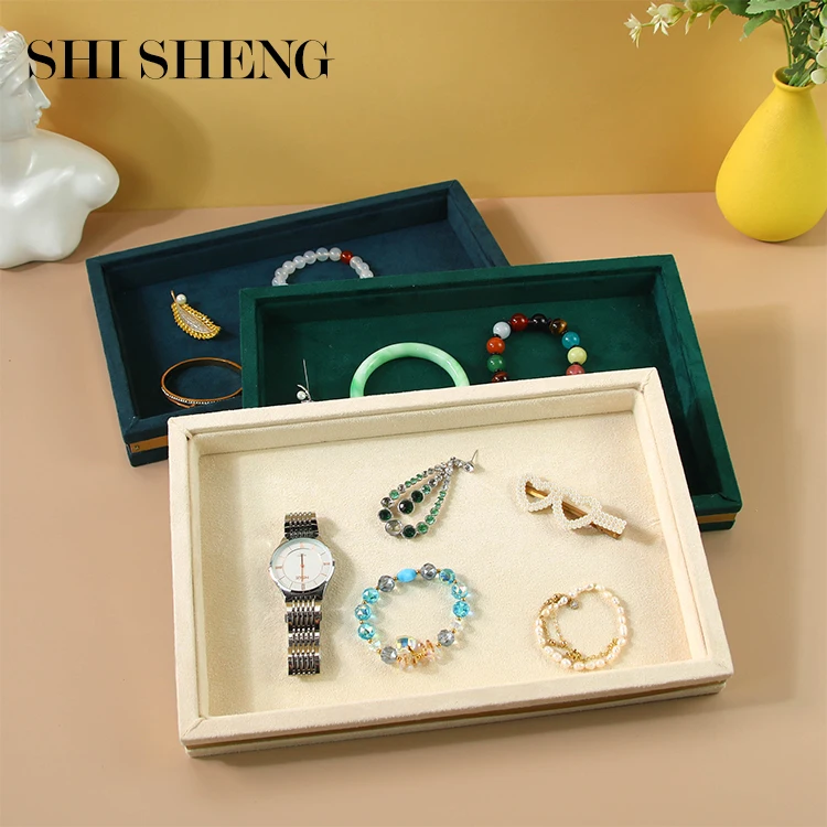 SHI SHENG Stackable Green Beige Velvet Jewelry Tray for Jewelry Shop Rings Earrings Necklaces Bracelet Watch Display
