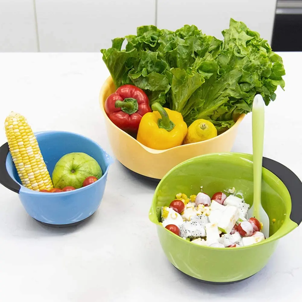 
3 Pack Nesting Mixing Bowls Set with Rubber Grip Handles Easy Pour Spout 