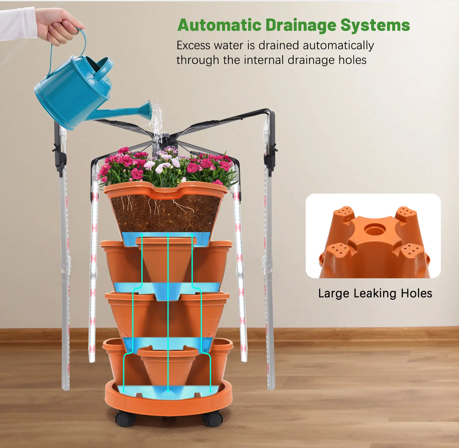 Stackable Strawberry Flower Vegetables Indoor Growing Pots Grow Tower System Vertical Garden Planters with Light