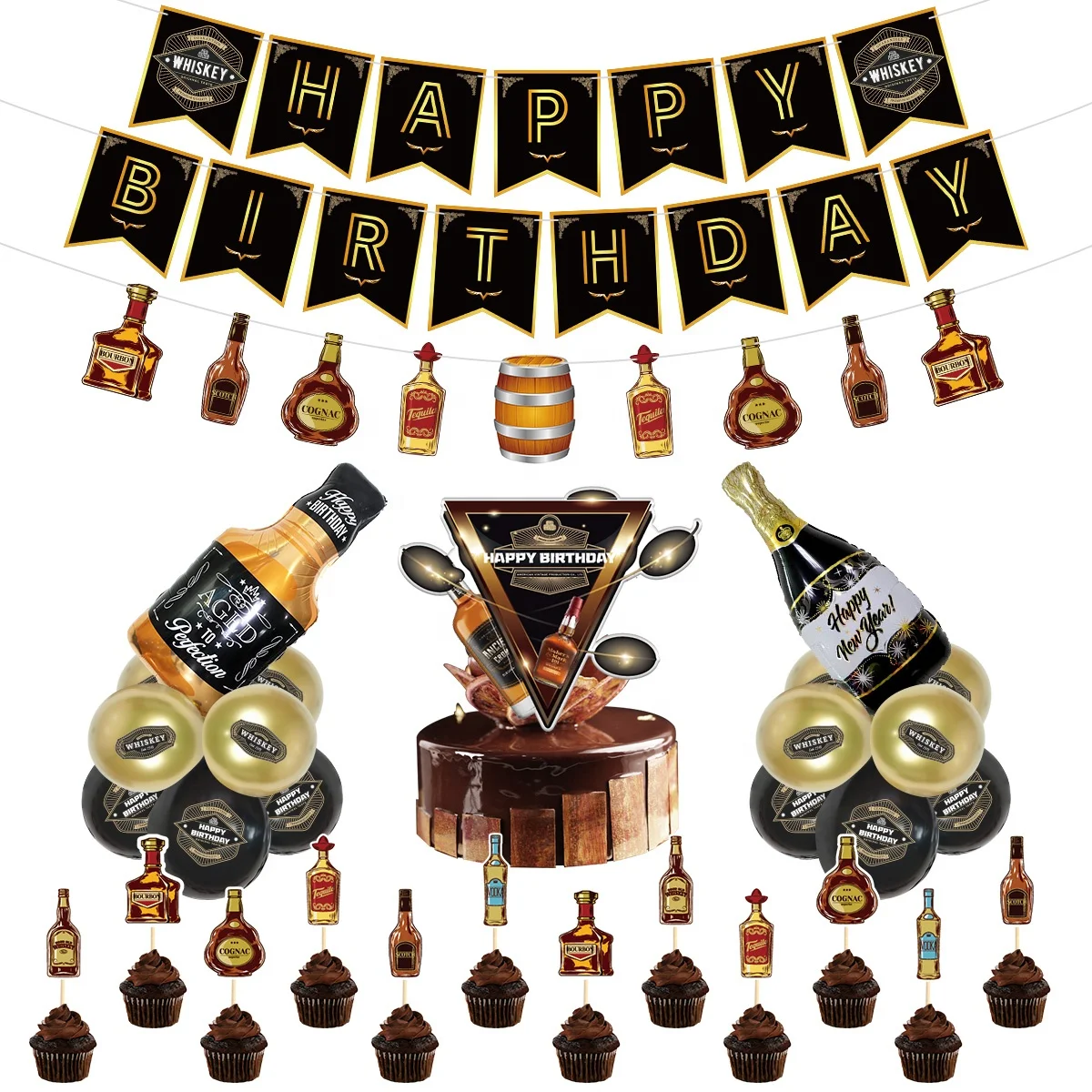 Umiss Whiskey Birthday Party Decorations, Aged to Perfection Birthday Party Supplies Birthday Banner Cake toppers, Balloons OEM