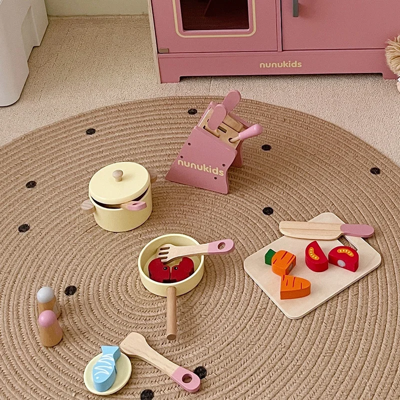 Natural Wooden Pretend Toy Eco-friendly Solid  Wood 19pcs Nunukids  Kitchen Set Cooking Cabinet Toy for Toddlers