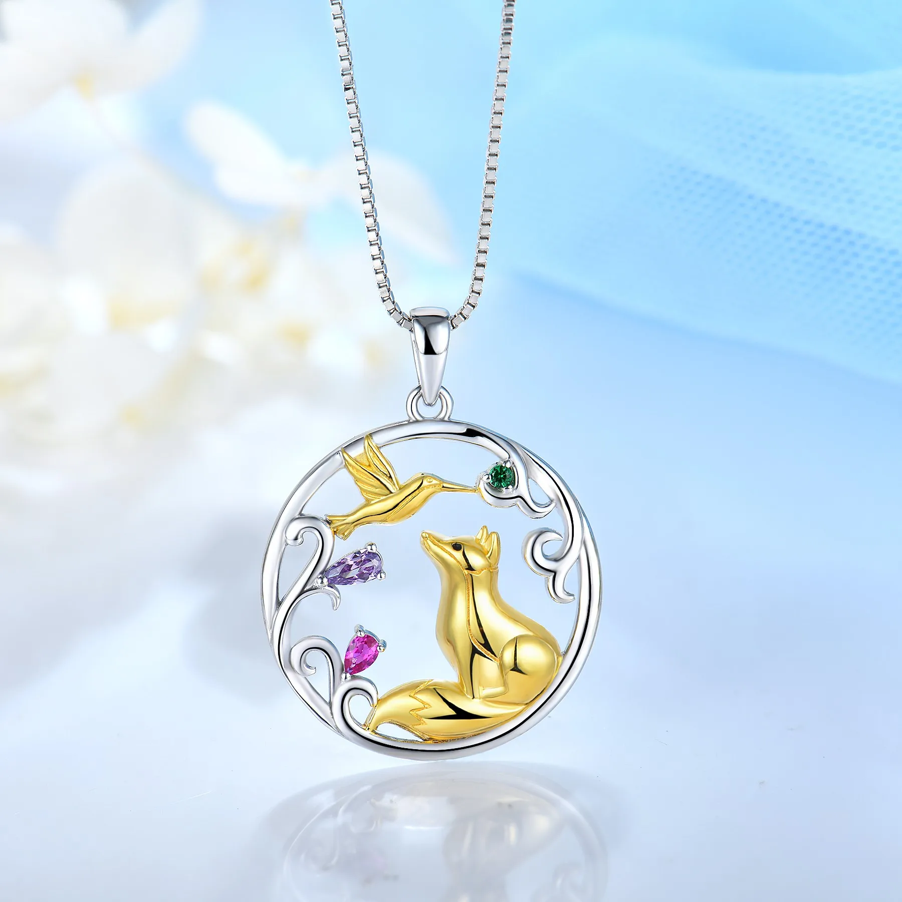 925 Sterling Silver Bird Zirconia Teddy Fox 18K Gold Plated Flower Pendant Chain Necklace