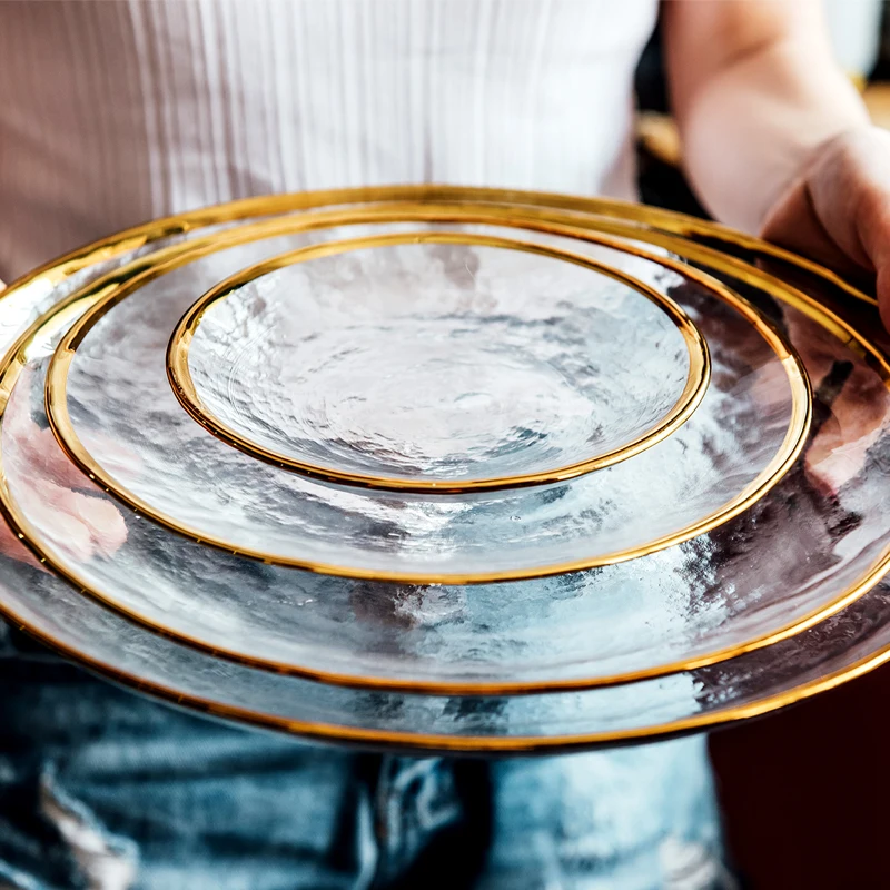 Durable Dinner Plate Glass Dinnerware Set With Fashion Gold Charger Platter Glass Dishes for Party