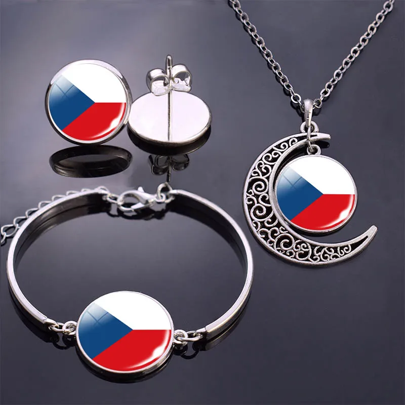 Bracelet Necklace Earrings Jewelry Set Czech Republic Flag Glass Cabochon European Countries Flag Necklace Set for Women Gifts