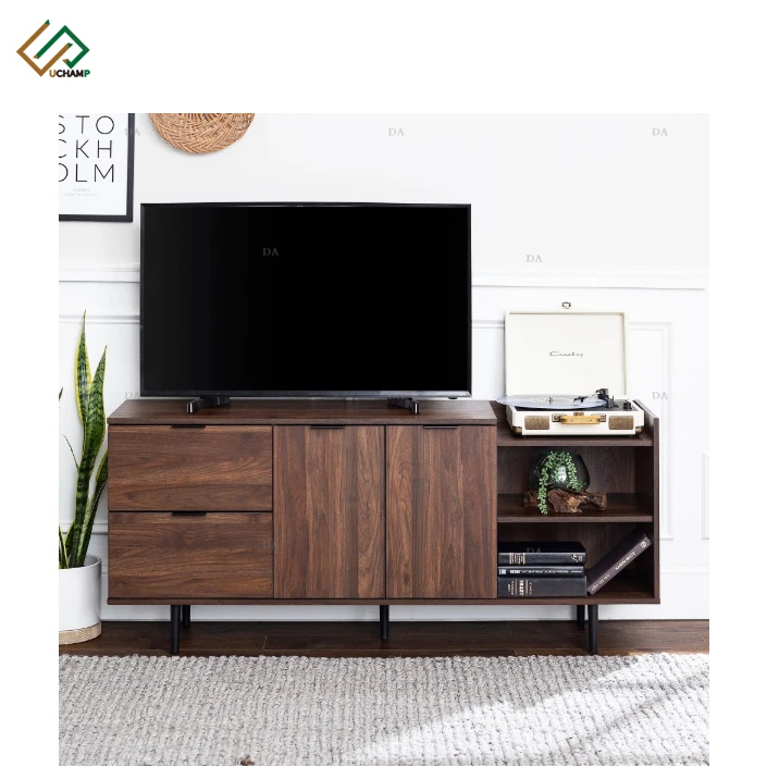 Japanese Recycled Pine Living Room Metal Legs Wooden TV Cabinet with 2 Doors and Glass Shelves