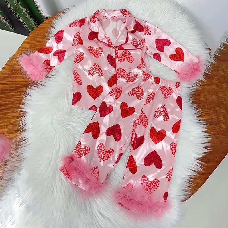 OEM children summer girls sleepwear short sleeve long pants pyjamas satin kids pajama satin silk nightwear 2 Piece lounge sets
