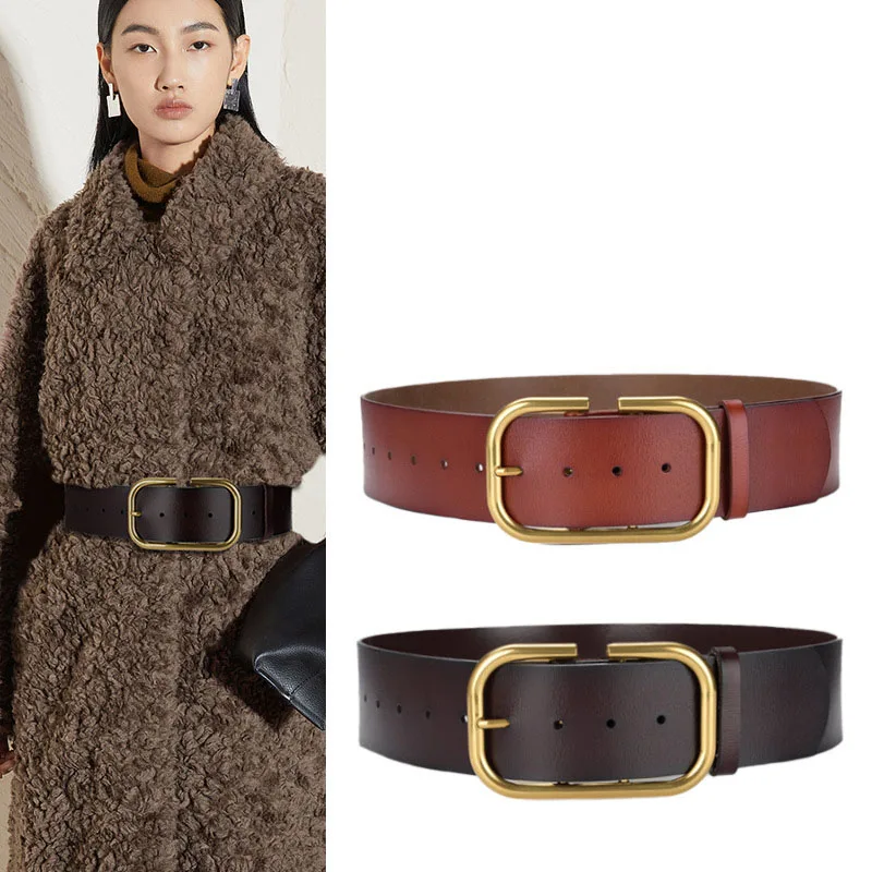 Vintage Wide Leather Belts For Women Big Gold Alloy Pin Buckle Genuine Cowhide Belt
