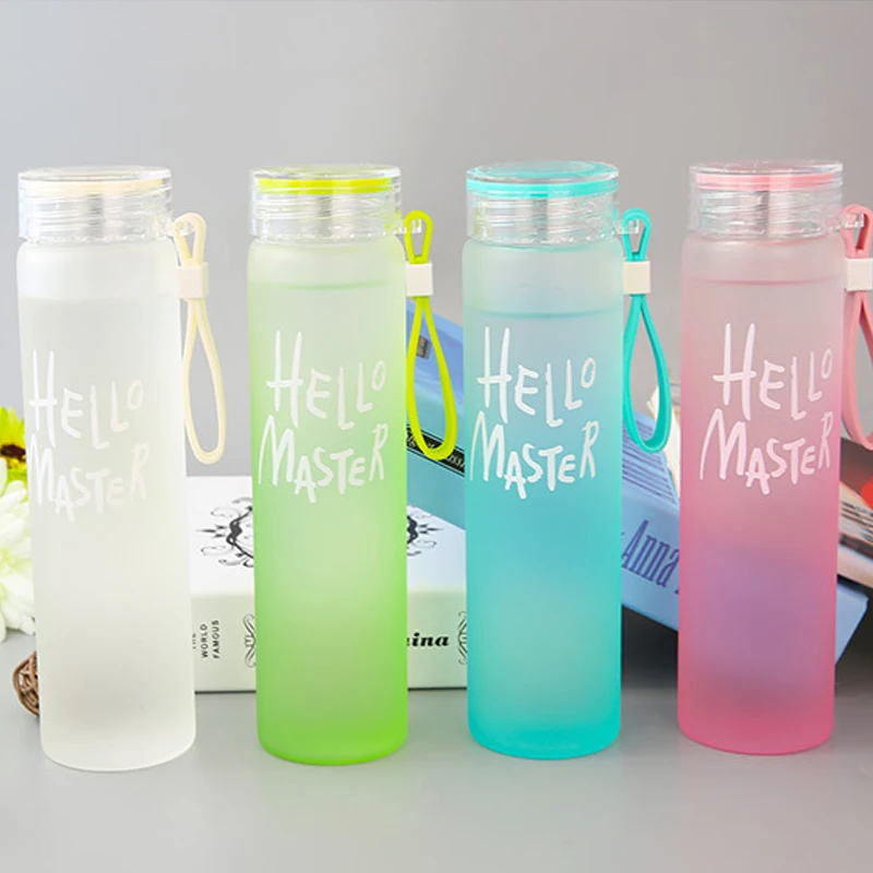 480ml New Natural wide mouth unisex transparent colorful Frosted Cylinder Glass Water Bottle