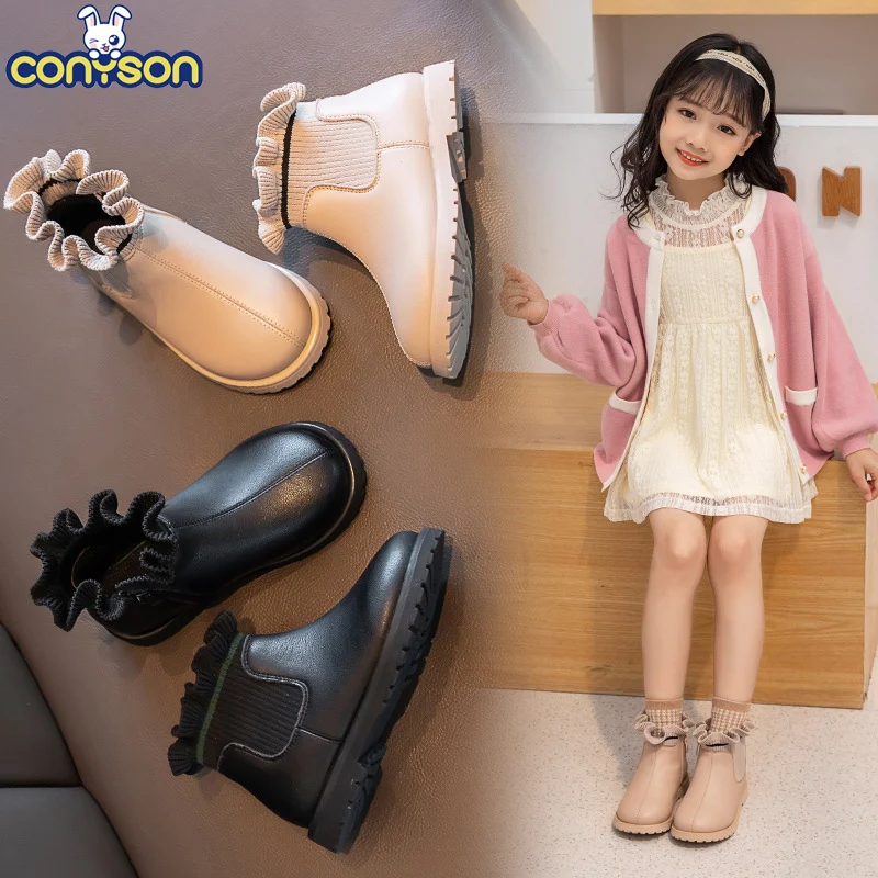 Conyson New Children Winter Kids Boots Microfiber Fabric Baby Girls Leather Cotton Fleece Princess Ankle Shoes for Little Girls