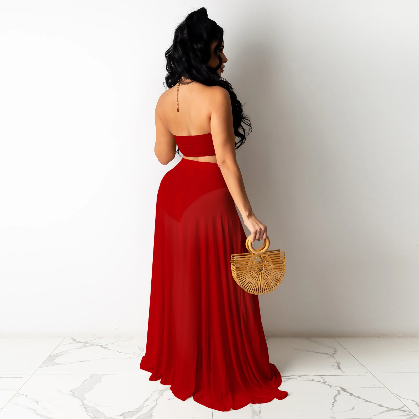 Foma 2023 solid color mesh see through tong top two piece summer sets for women vacation two piece set