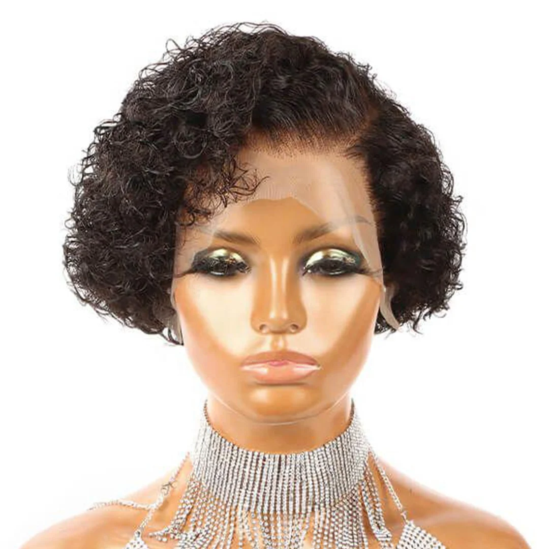 In Stock 6' 13x1 Front Lace Bob Wig Pixie Cut 100% Human Hair Water Wave Texture For Black Women CoolBella