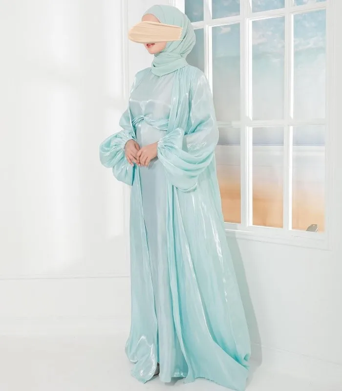 SIPO Premium Fashion Muslim Clothing Satin Silk Cardigan Aqua Blue Abaya Dress Puff Sleeve Dresses With Shawl Hijab