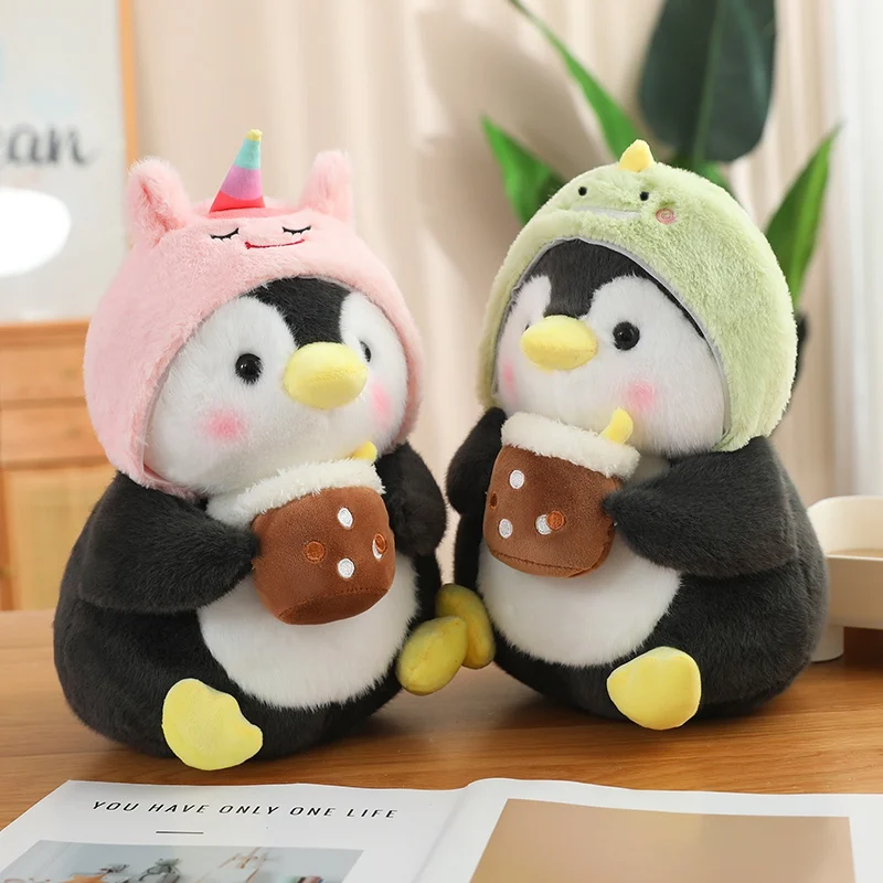 Cosplay Toast Penguin Stuffed Animal Wearing Unicorn Hat Bunny Hat Penguin Plush Toys Holding Boba Customized Pattern Brand Logo
