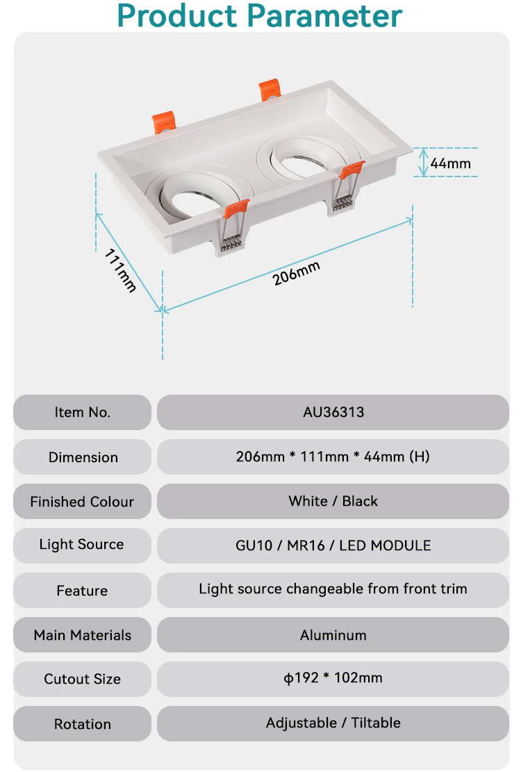 gu10 mr16 module mounting frame recessed double head down light adjustable lights rectangular led downlight