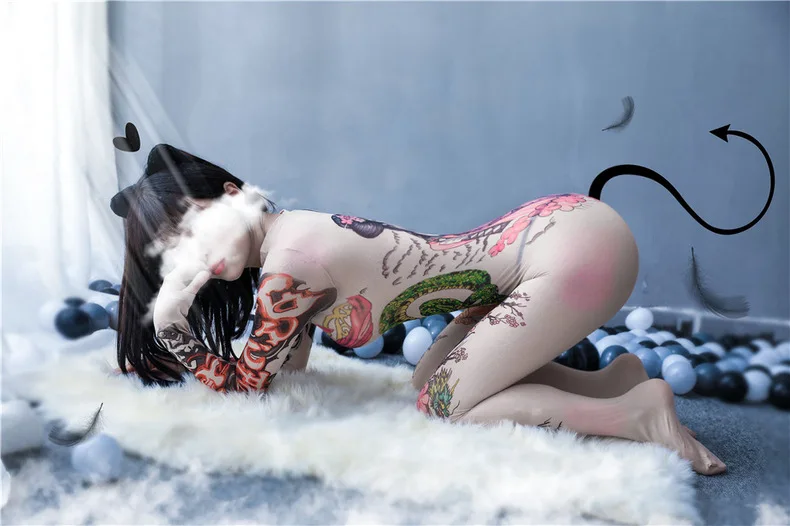 European and American sexy stockings sexy tattoo long sleeve open file one-piece underwear sexy pajamas