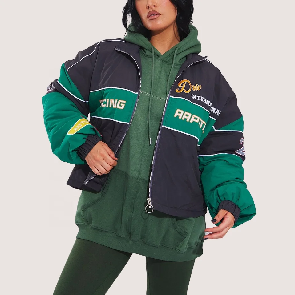 Custom Racing Jacket Women Streetwear Zipper Embroidery Custom Logo Motorcycle Plus Size Racing Varsity Jacket For Women